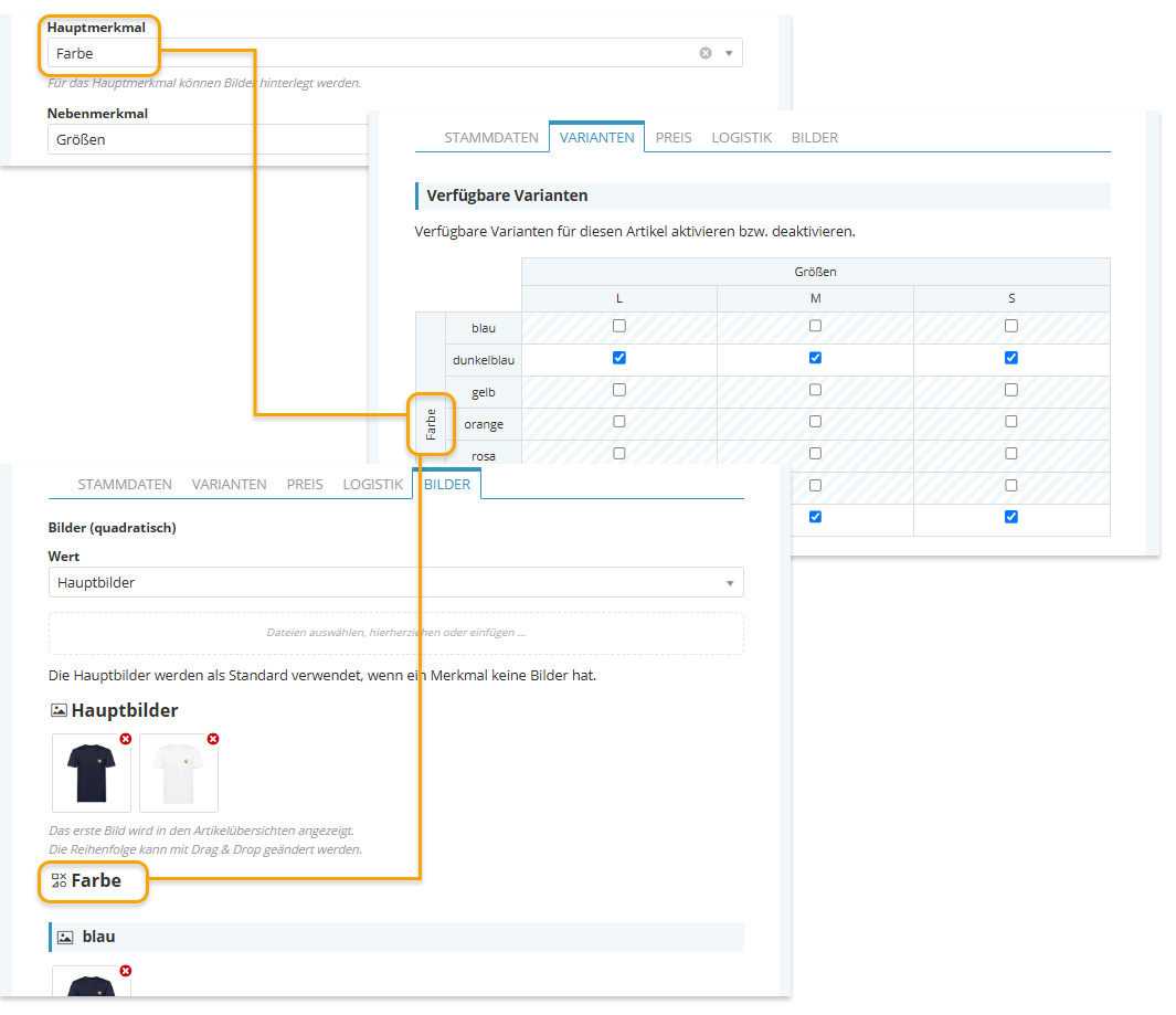 Screenshots der Einstellungen um Artikelvarianten zu erstellen