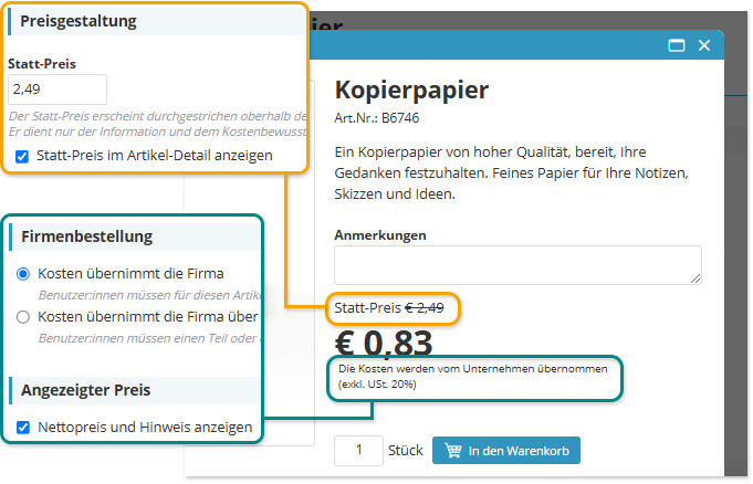 Screenshots Einstellungen Preisgestaltung mit Detailansicht