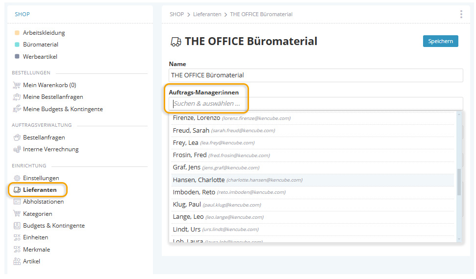 Screenshot Auswahl Auftragsmanager bei Lieferanten Einstellungen