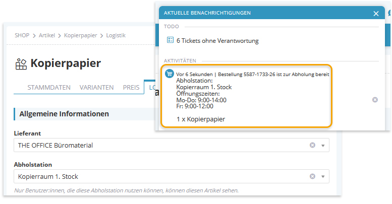 Screemshot Logistik mit Benachrichtigung