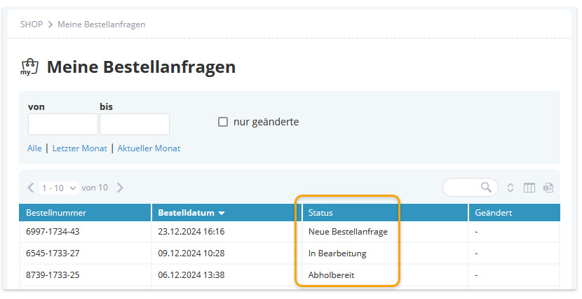 Screenshot Meine Bestellanfragen