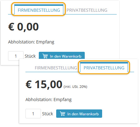 Screenshot Artikeldetailansicht Privat- vs. Firmenbestellung