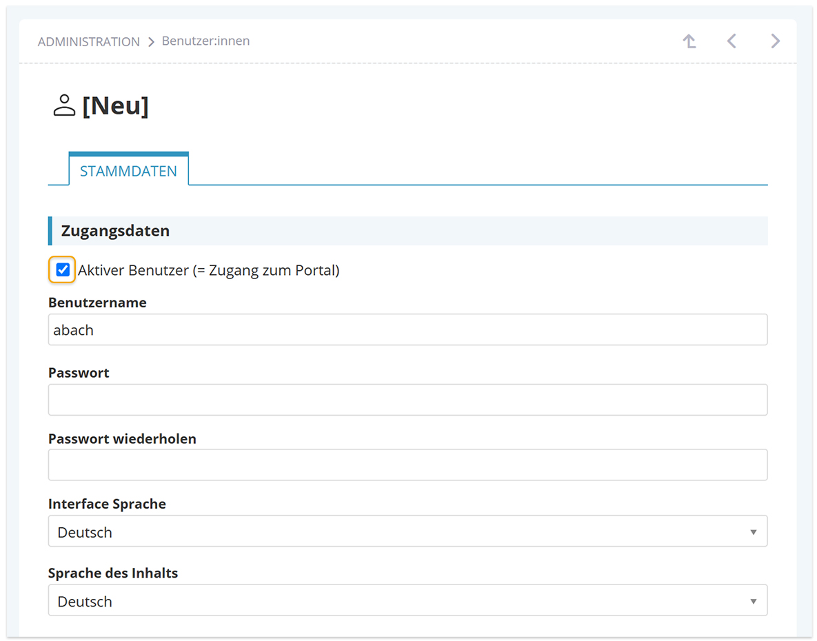 Screenshot Neuanlage User